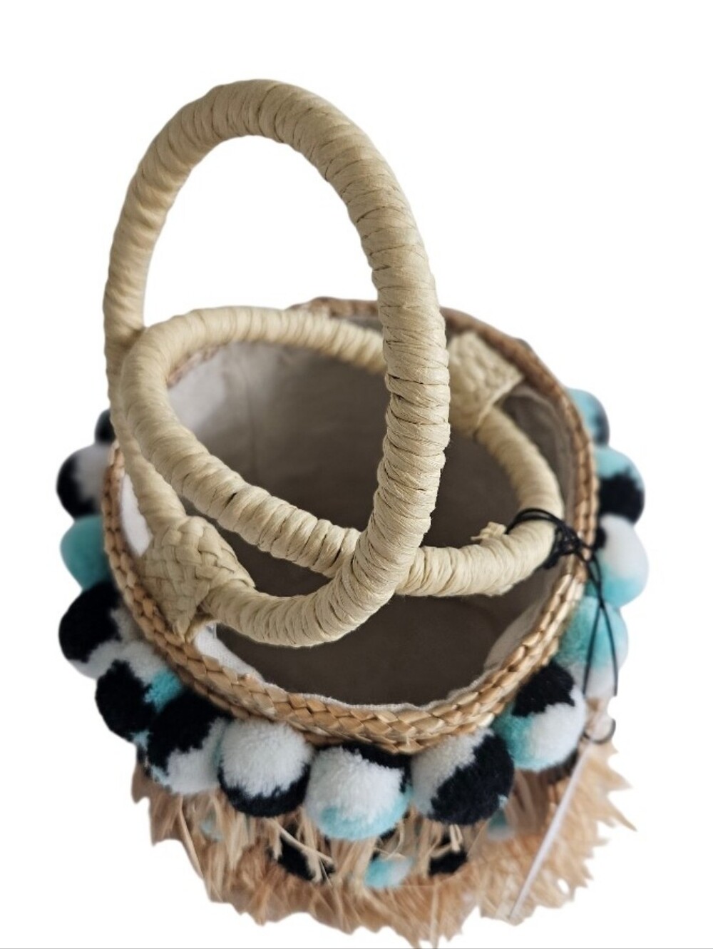 NWT BTB Los Angeles - Round Bucket Straw Fringe & Pompoms Colorfull - Picture 4 of 13